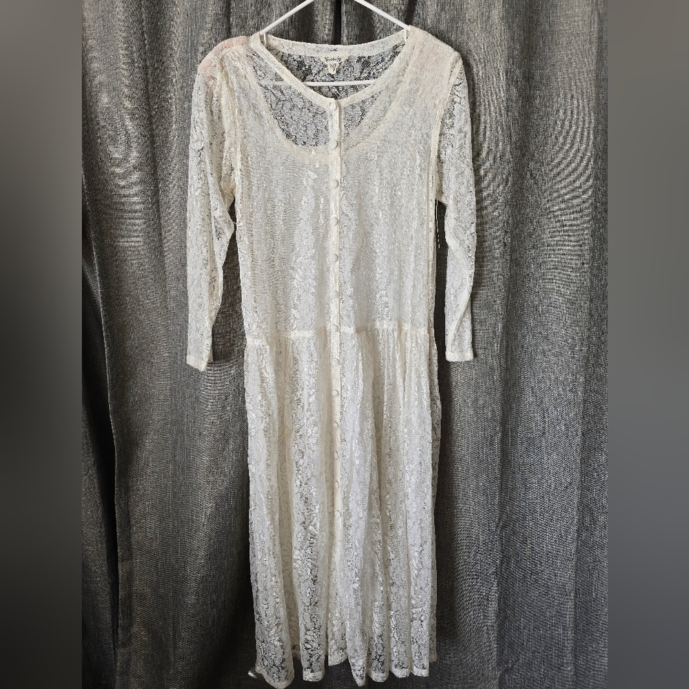 Nostalgia White Sheer Lace Long Slv Midi Dress Button Front Size M Vtg 90s
